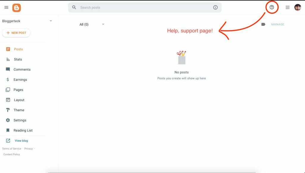 Support page on Blogger
